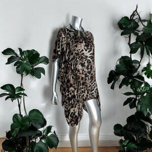 Ciel Leopard Print Asymmetrical Tunic Dress With Short Sleeves L
